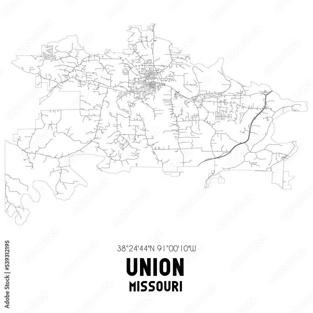 Union Missouri. US street map with black and white lines.