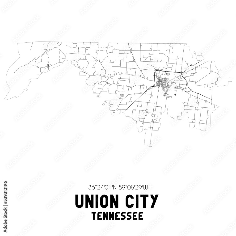 Union City Tennessee. US street map with black and white lines.
