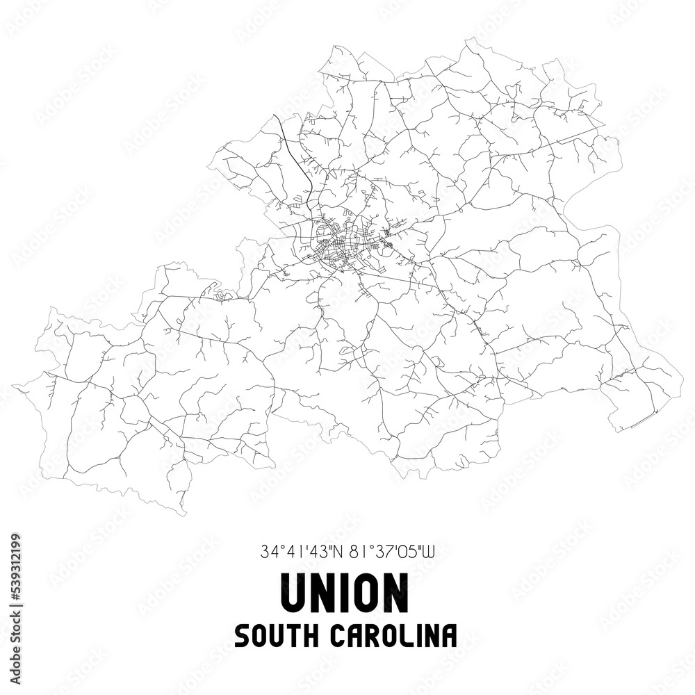 Union South Carolina. US street map with black and white lines.
