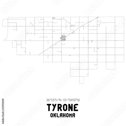 Tyrone Oklahoma. US street map with black and white lines.