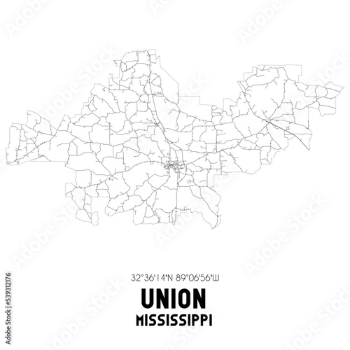 Union Mississippi. US street map with black and white lines.