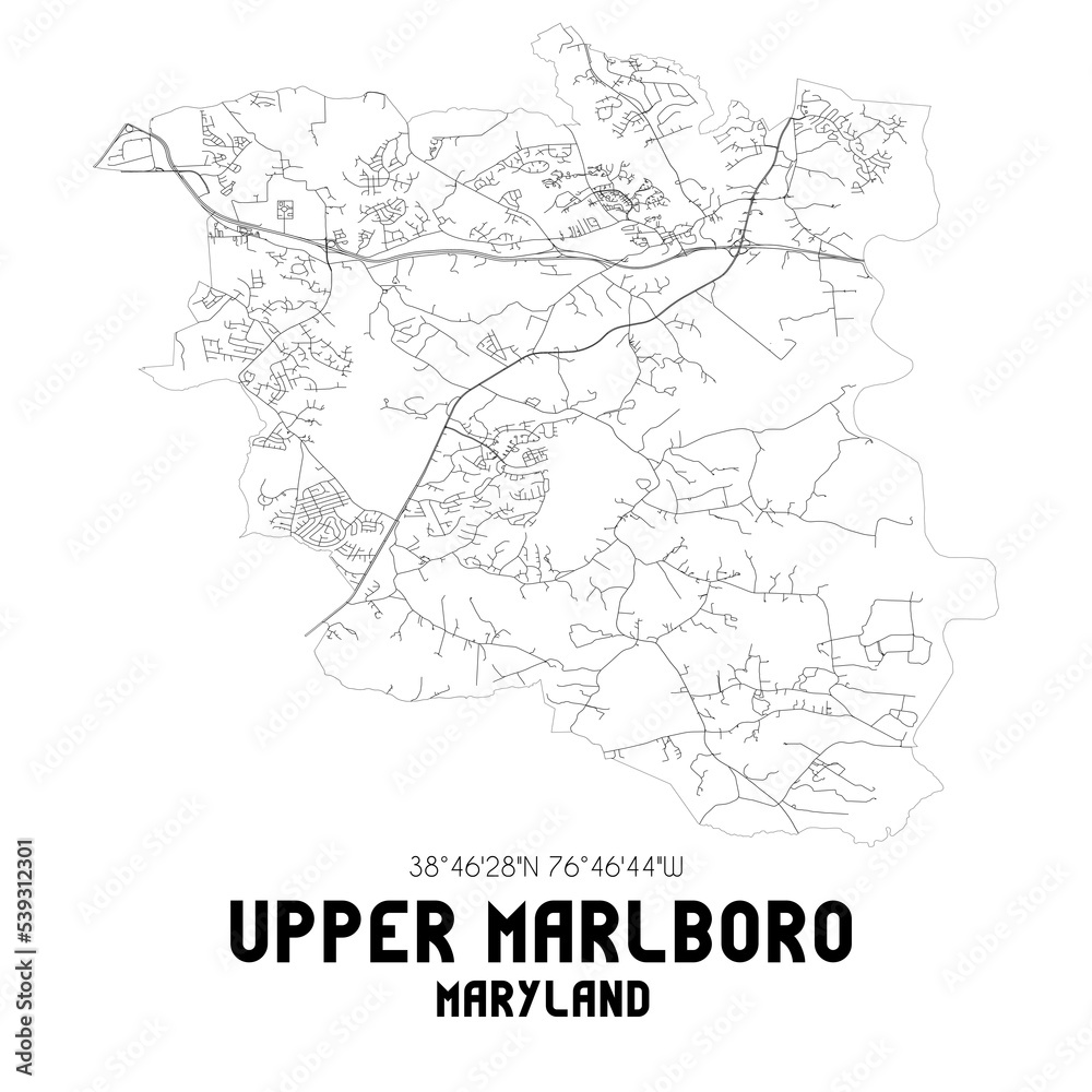 Upper Marlboro Maryland. US street map with black and white lines.