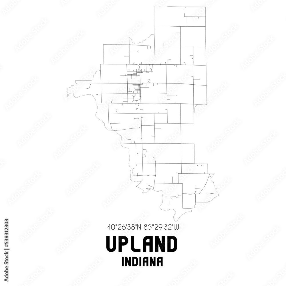 Upland Indiana. US street map with black and white lines.