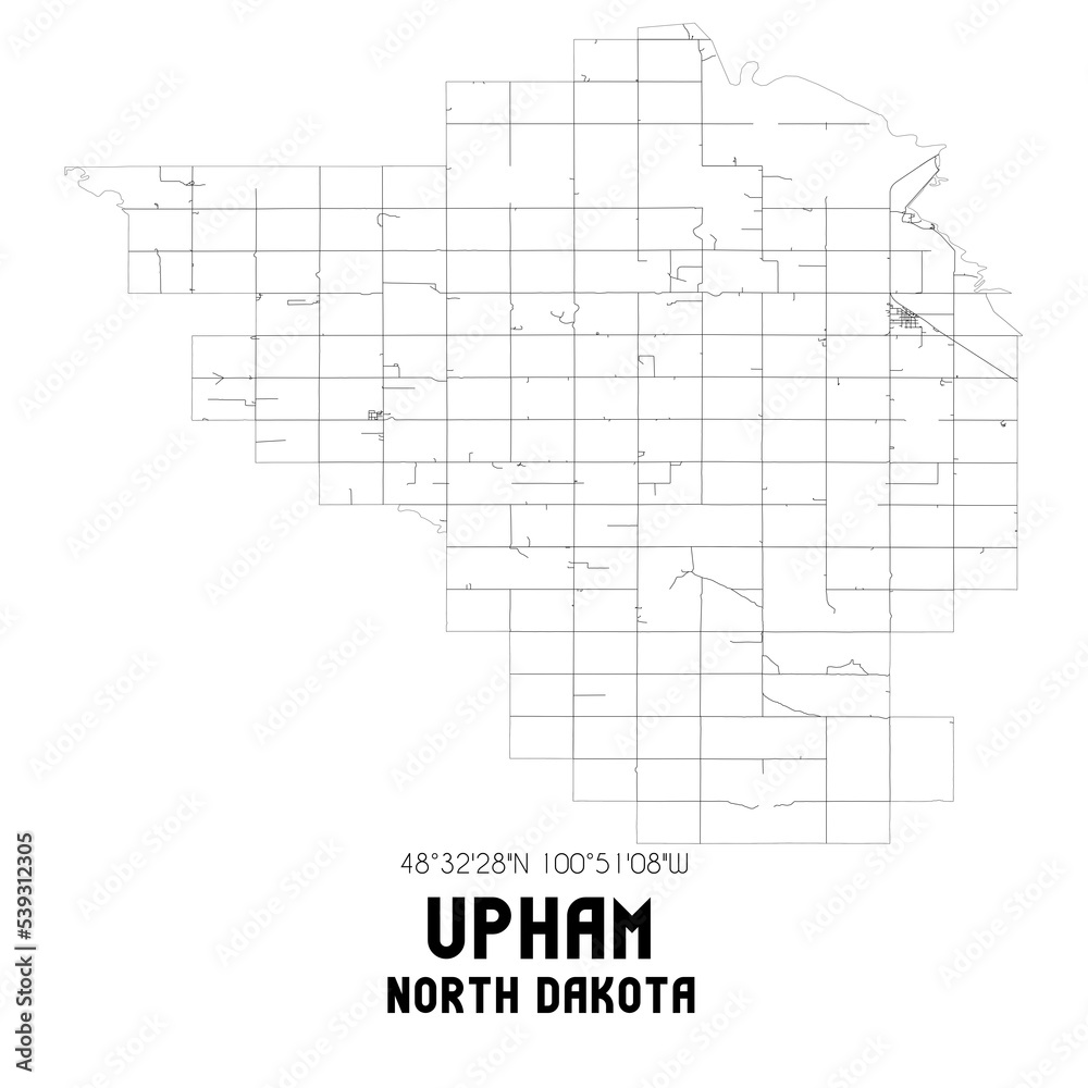 Upham North Dakota. US street map with black and white lines.