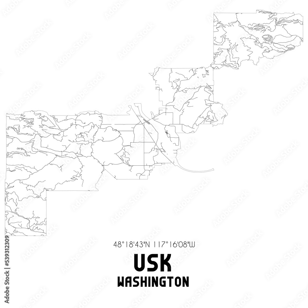 Usk Washington. US street map with black and white lines.