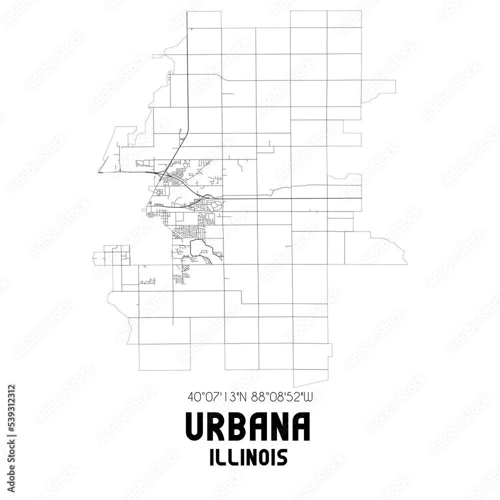 Urbana Illinois. US street map with black and white lines.