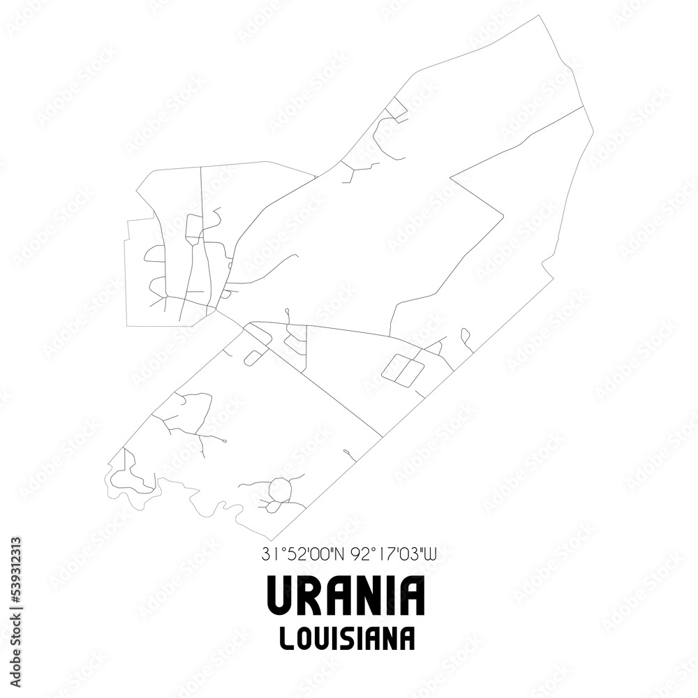 Urania Louisiana. US street map with black and white lines.