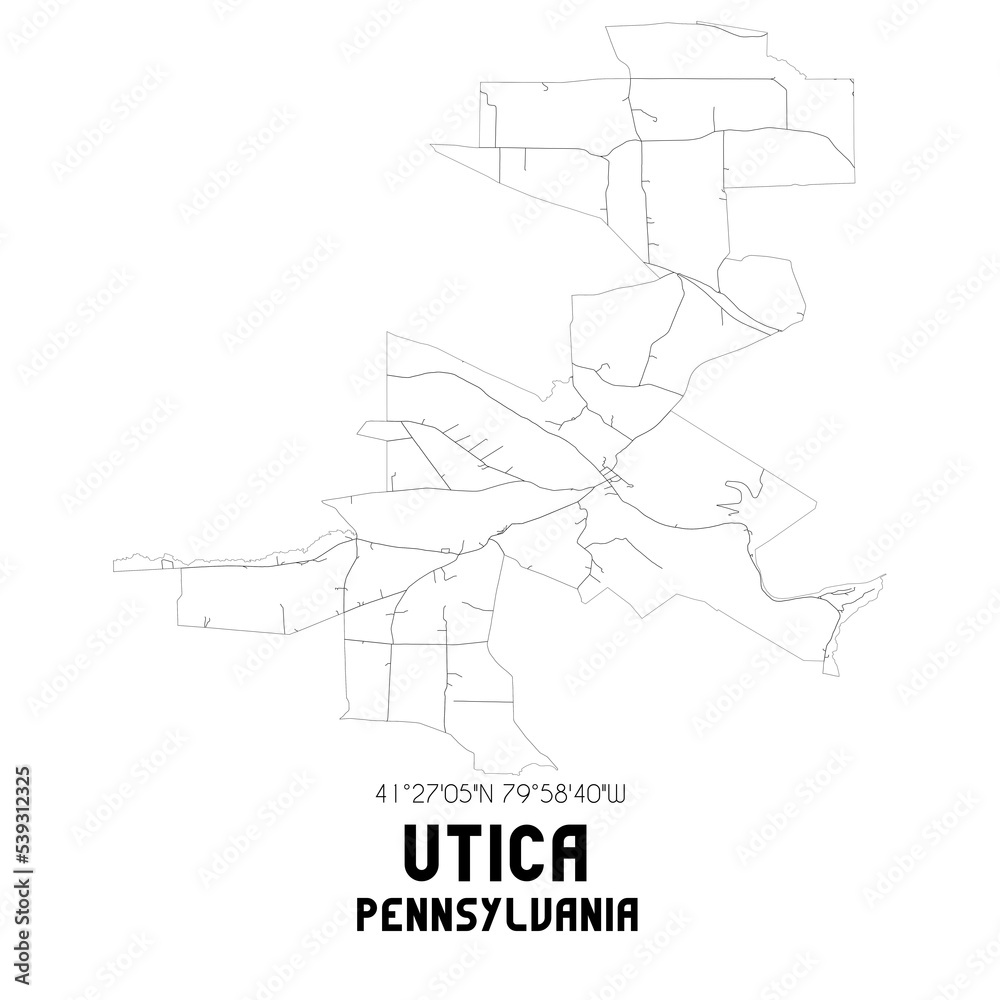 Utica Pennsylvania. US street map with black and white lines.