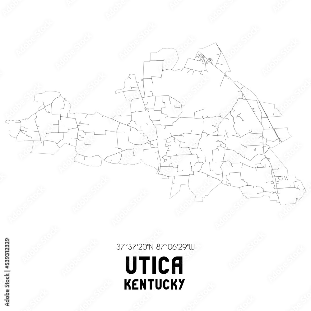 Utica Kentucky. US street map with black and white lines.