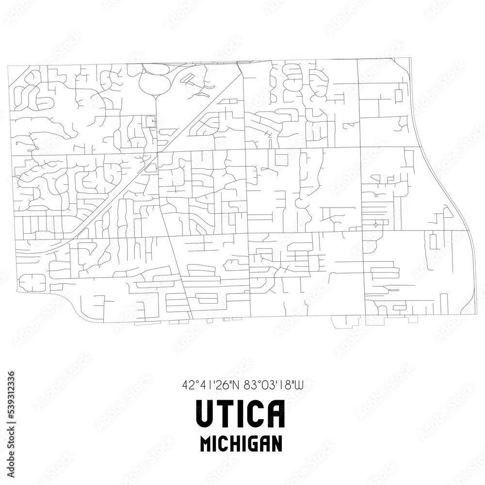Utica Michigan. US street map with black and white lines.