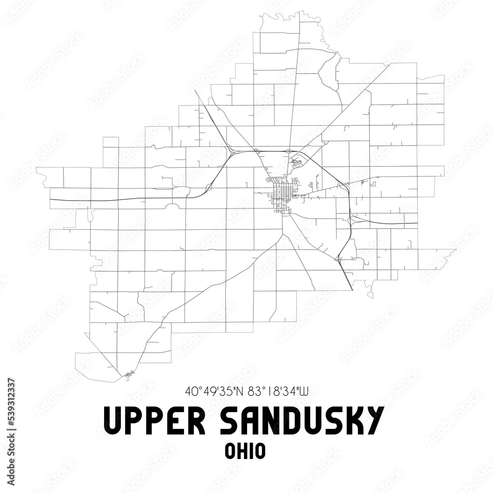 Upper Sandusky Ohio. US street map with black and white lines.