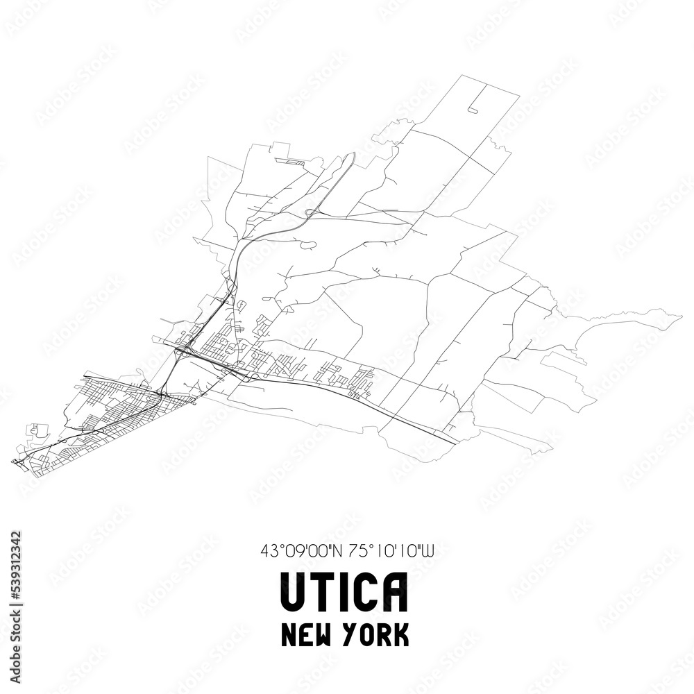 Utica New York. US street map with black and white lines.