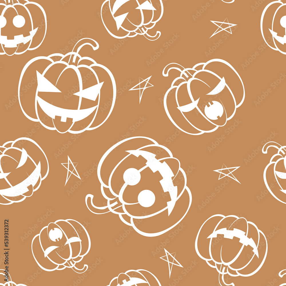 Vector. Seamless repeating pattern of cartoon pumpkin. Thanksgiving, Halloween concept. Seasonal print for textiles, holiday background, gift wrapping, invitations. Autumn concept, plant compositions.