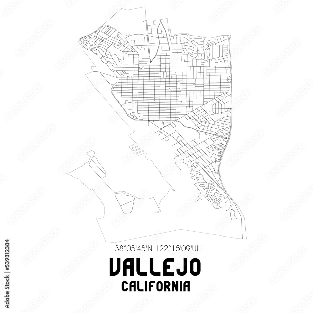 Vallejo California. US street map with black and white lines.