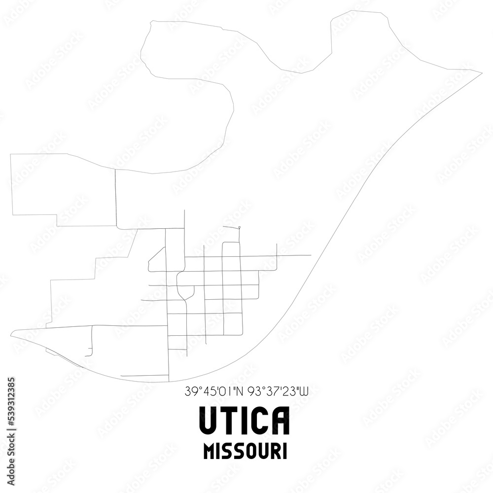 Utica Missouri. US street map with black and white lines. Utica Missouri. US street map with black and white lines.