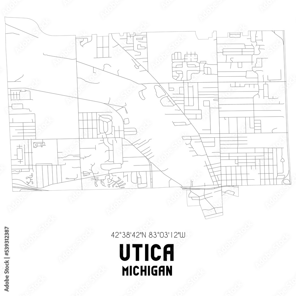 Utica Michigan. US street map with black and white lines.