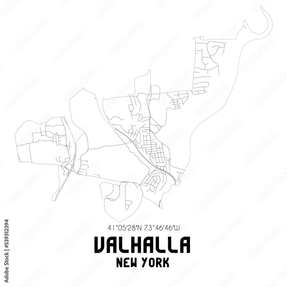 Valhalla New York. US street map with black and white lines.