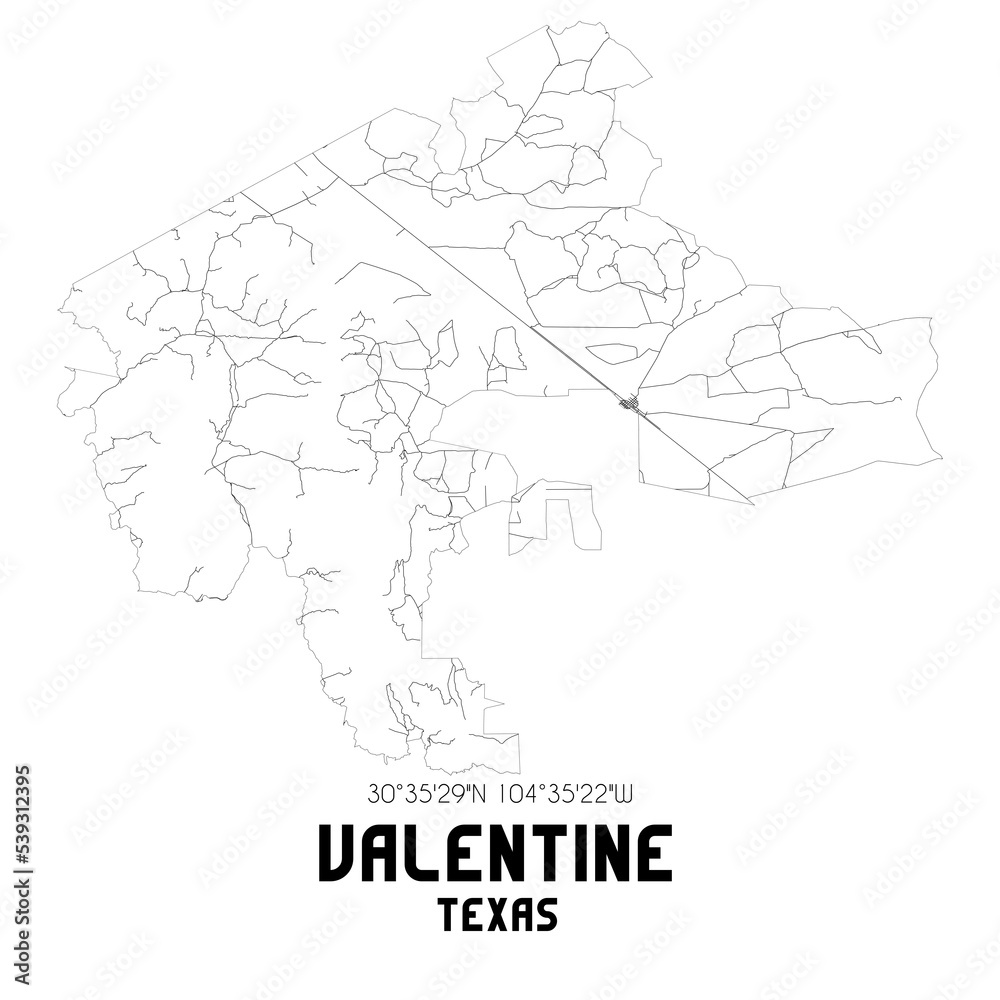 Valentine Texas. US street map with black and white lines.