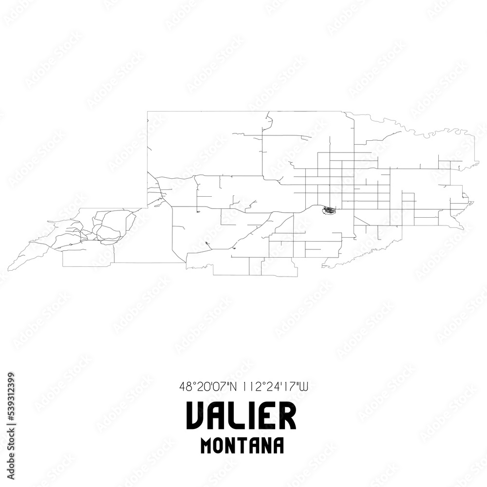 Valier Montana. US street map with black and white lines.
