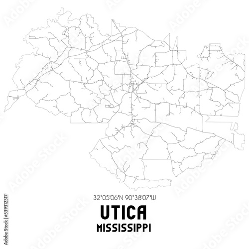 Utica Mississippi. US street map with black and white lines.
