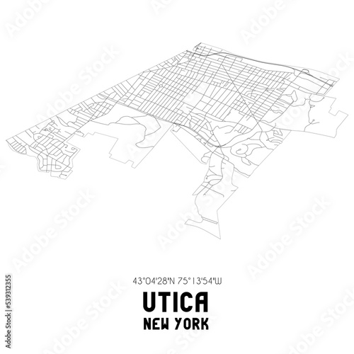 Utica New York. US street map with black and white lines.