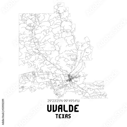 Uvalde Texas. US street map with black and white lines.
