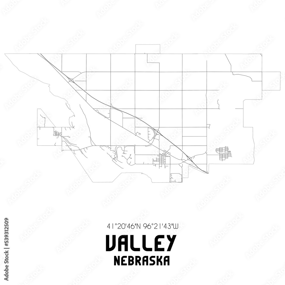 Valley Nebraska. US street map with black and white lines.