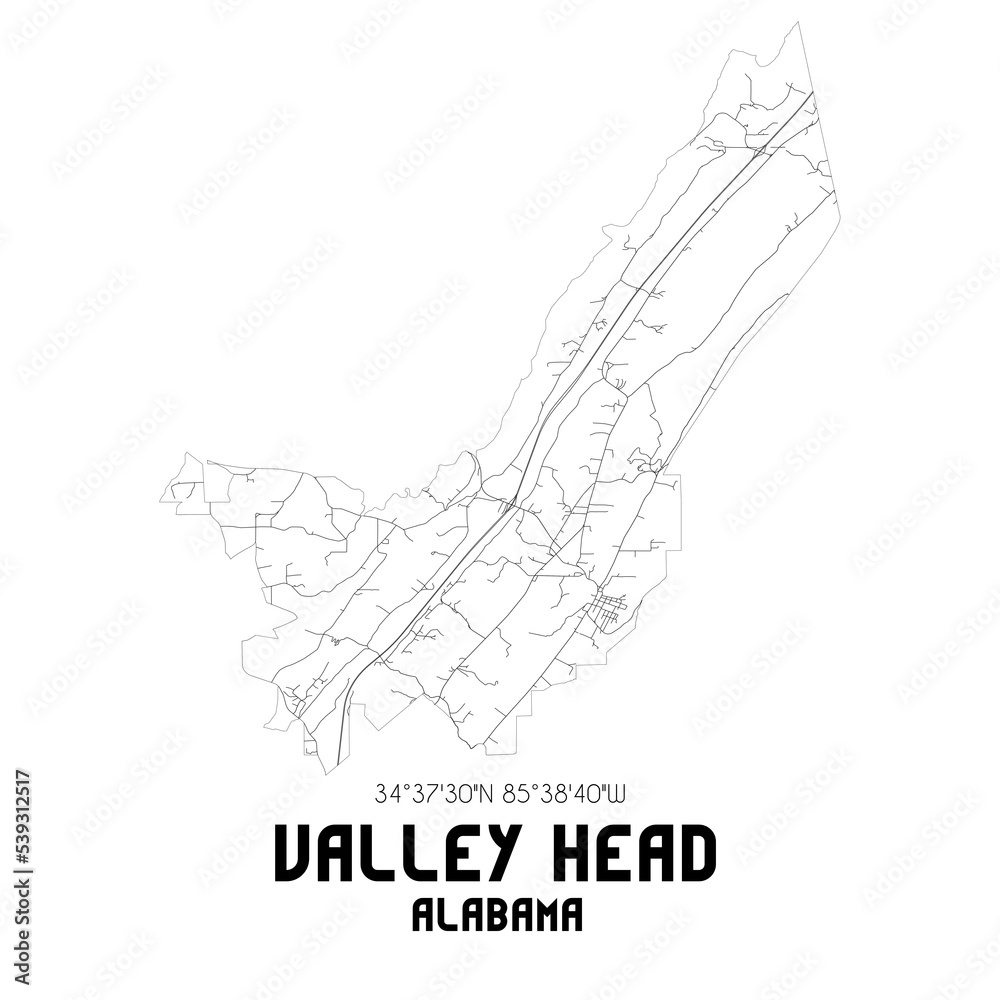 Valley Head Alabama. US street map with black and white lines. Stock