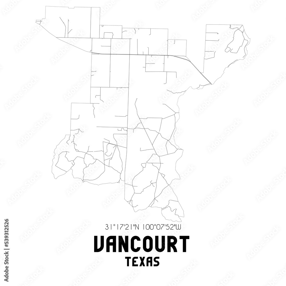 Vancourt Texas. US street map with black and white lines.