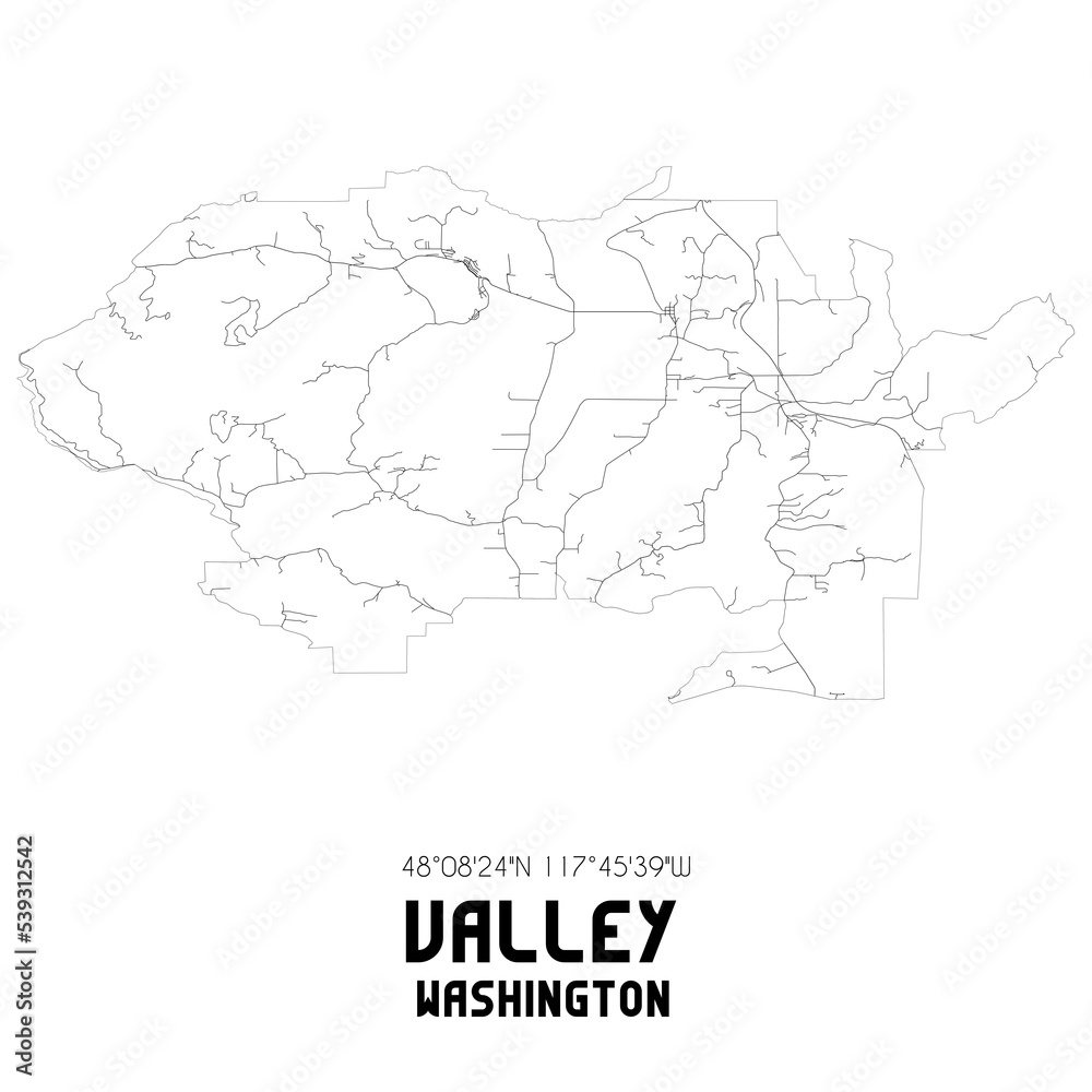Valley Washington. US street map with black and white lines.