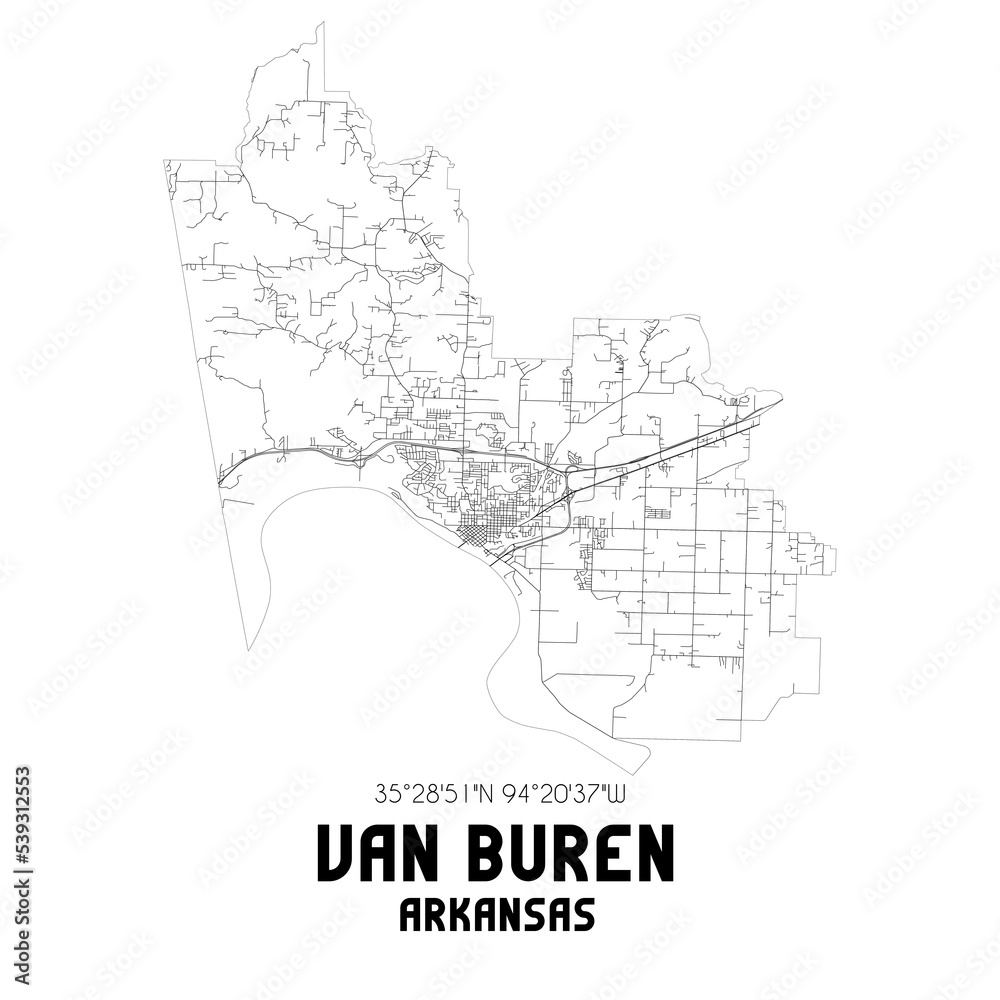 Van Buren Arkansas. US street map with black and white lines.