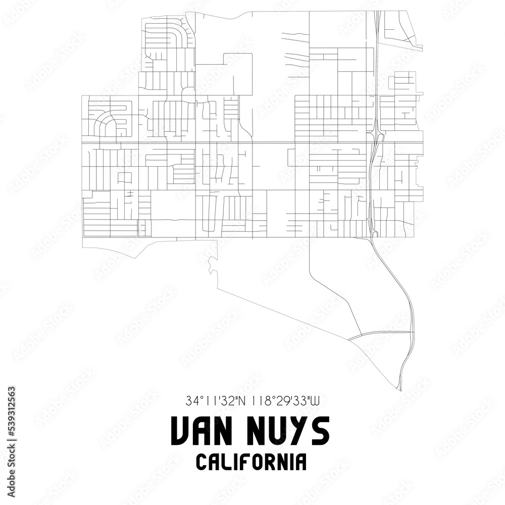 Van Nuys California. US street map with black and white lines.
