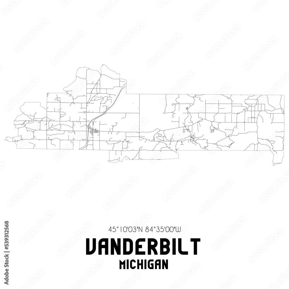 Vanderbilt Michigan. US street map with black and white lines.