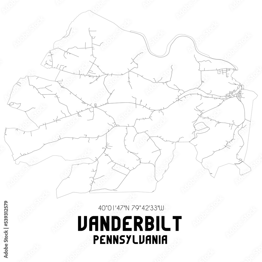 Vanderbilt Pennsylvania. US street map with black and white lines.