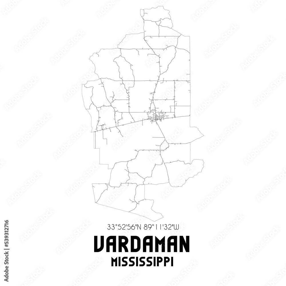 Vardaman Mississippi. US street map with black and white lines.