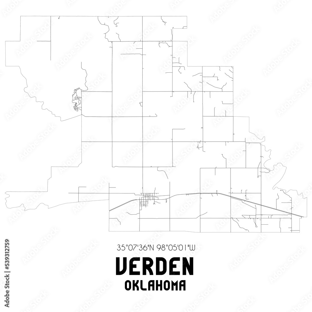 Verden Oklahoma. US street map with black and white lines.