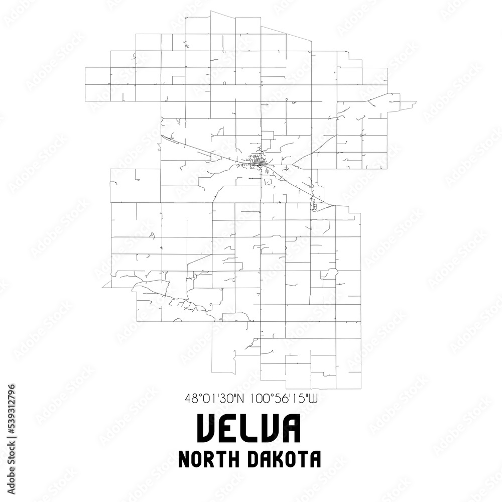 Velva North Dakota. US street map with black and white lines.