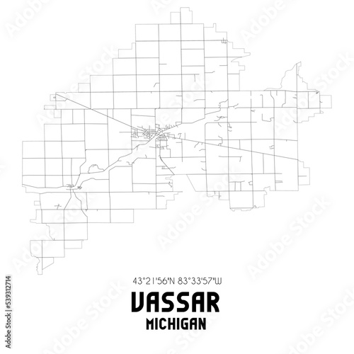 Vassar Michigan. US street map with black and white lines.