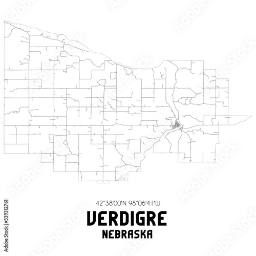 Verdigre Nebraska. US street map with black and white lines. photo