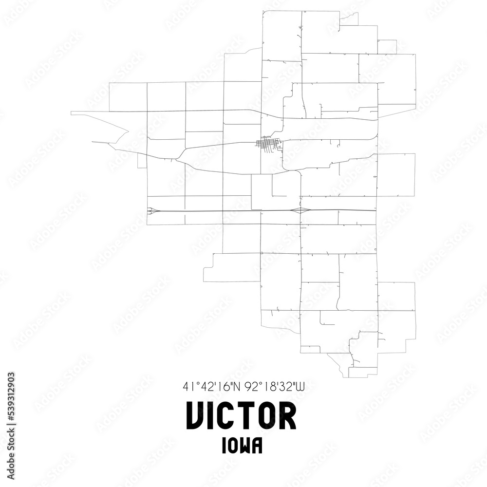 Victor Iowa. US street map with black and white lines.