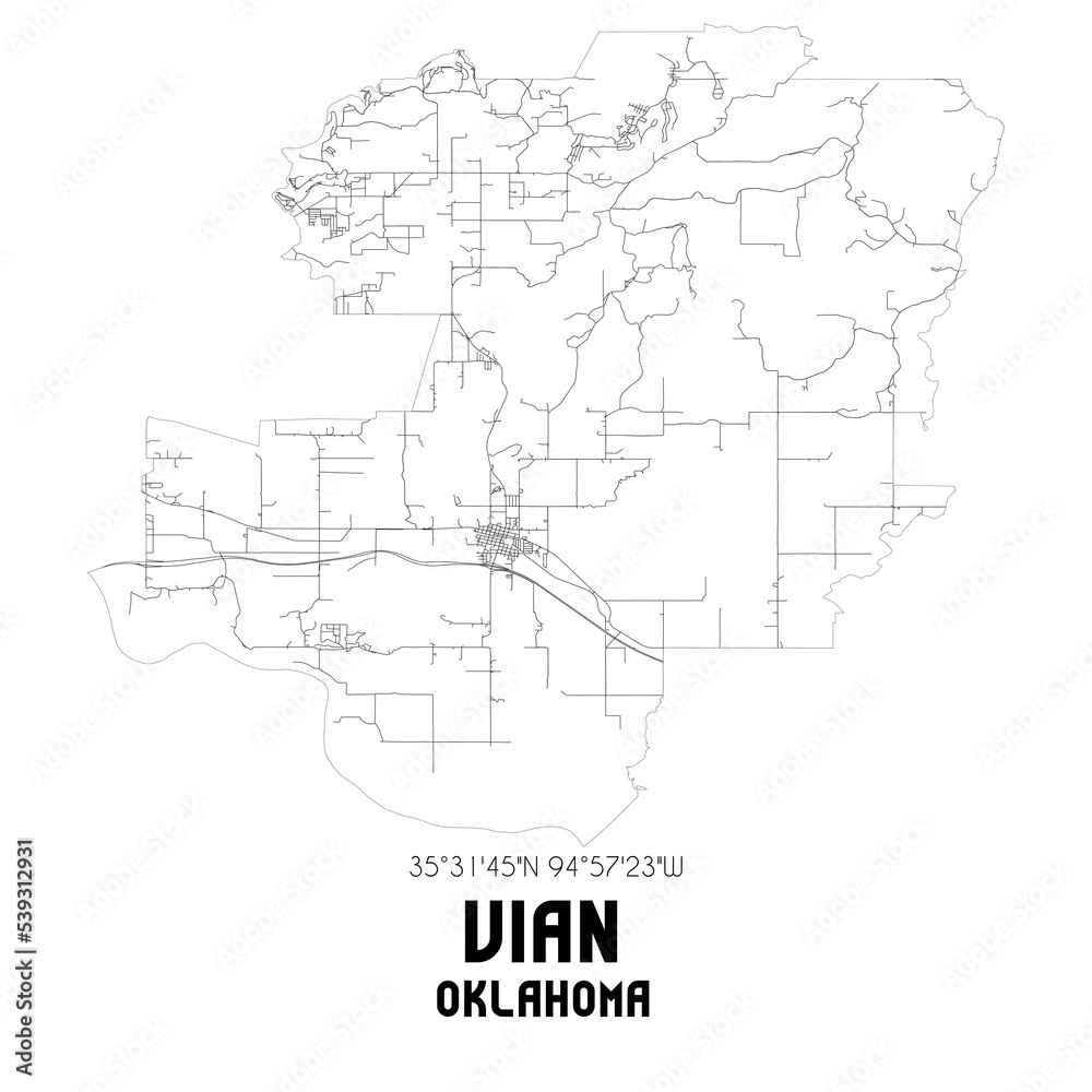 Vian Oklahoma. US street map with black and white lines.