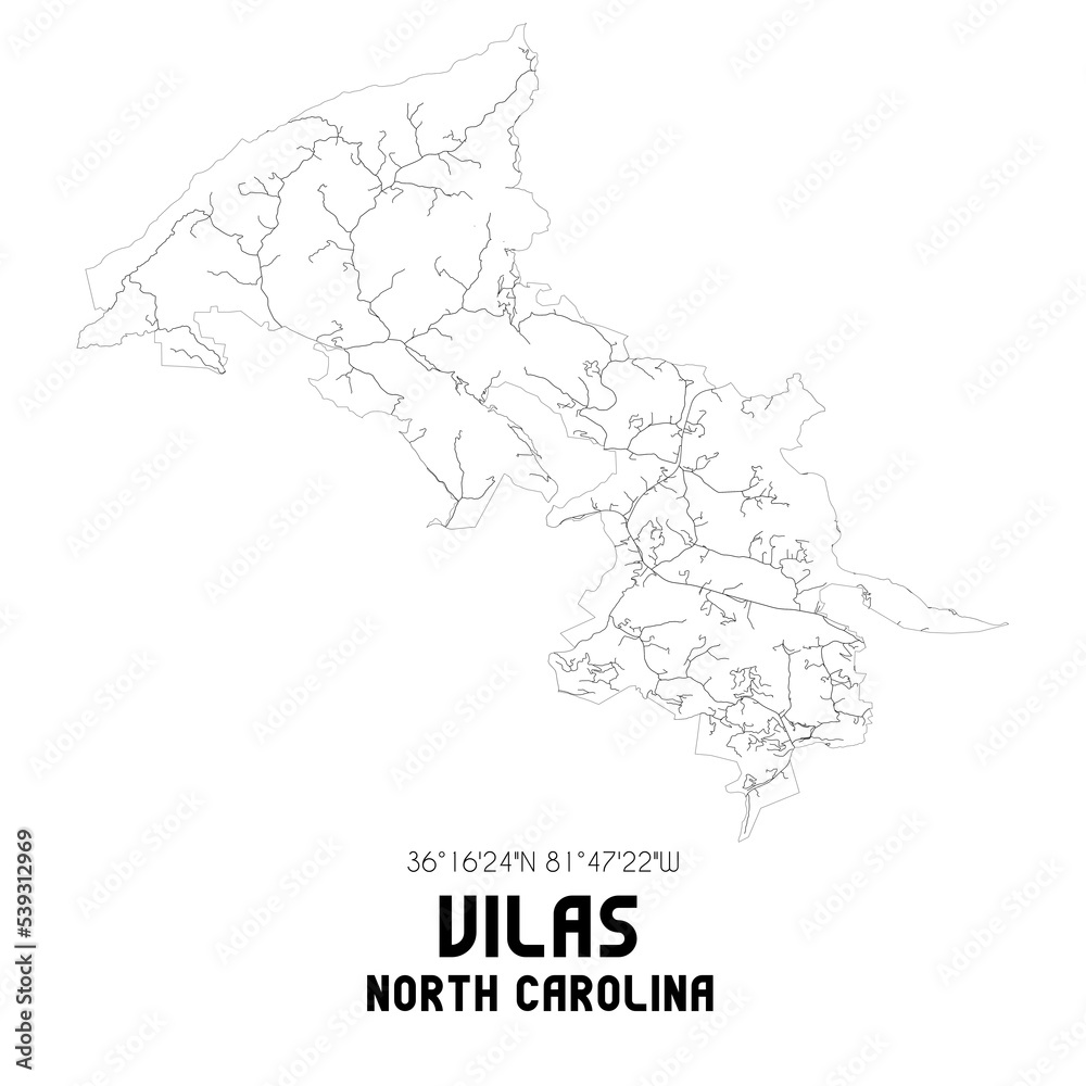 Vilas North Carolina. US street map with black and white lines.