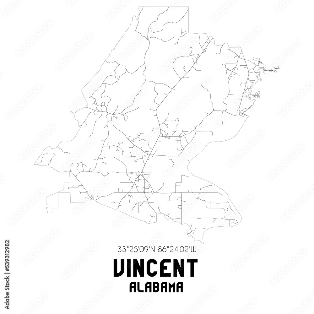 Vincent Alabama. US street map with black and white lines.