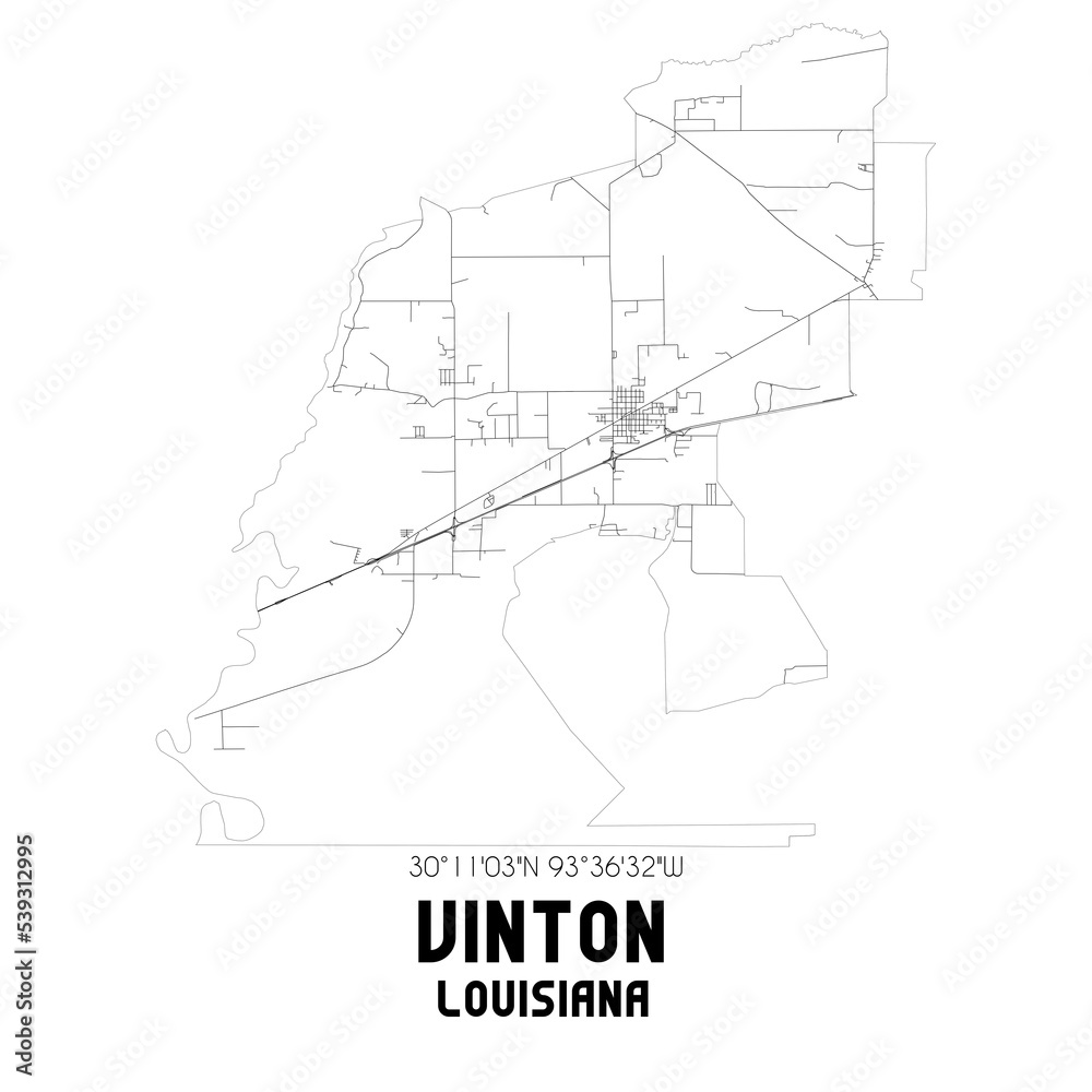 Vinton Louisiana. US street map with black and white lines.
