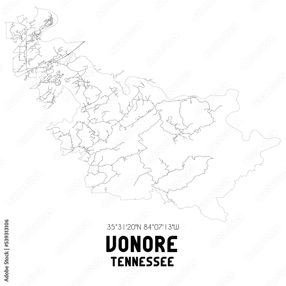 Vonore Tennessee. US street map with black and white lines.