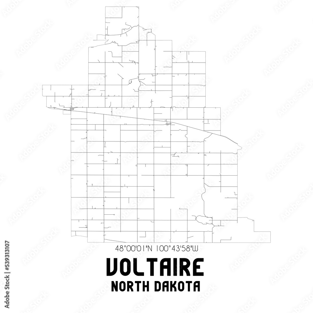 Voltaire North Dakota. US street map with black and white lines.