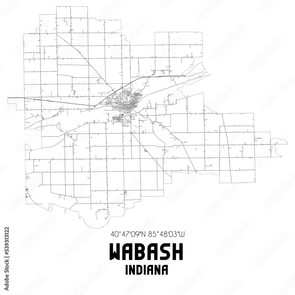 Wabash Indiana. US street map with black and white lines.