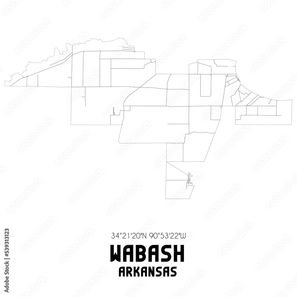 Wabash Arkansas. US street map with black and white lines.