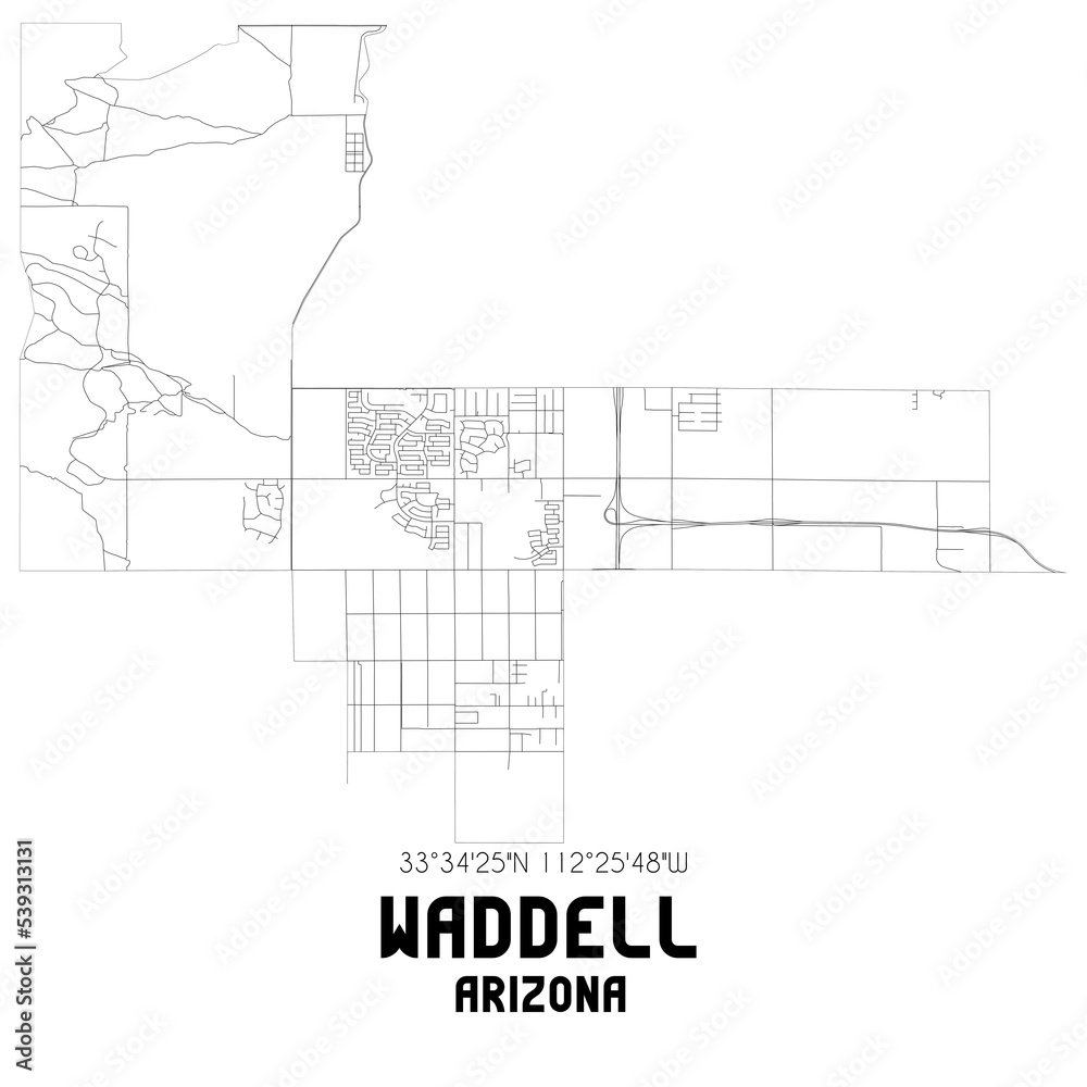 Waddell Arizona. US street map with black and white lines.