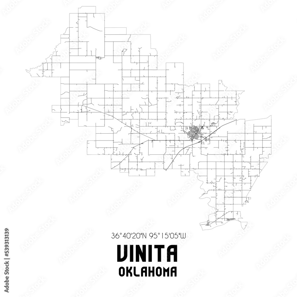 Vinita Oklahoma. US street map with black and white lines.
